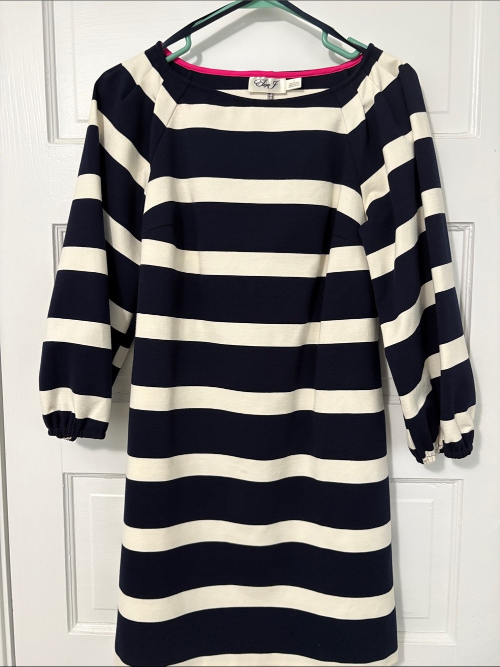 Eliza J Navy White Wide Stripe Boatneck Dress Balloon Sleeve